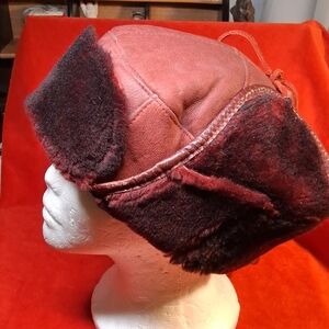 Women's Vintage Red Shearling Aviator Hat With Leather Tie Size M